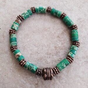 SlimLine! Rustic + Rugged! Green + Copper Sea Sediment Jasper Stretch Bracelet